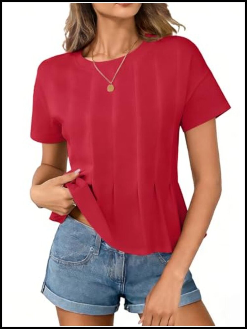 Women's Babydoll Peplum Pleated Short Sleeve Cropped Tee Loose Fit Crewneck